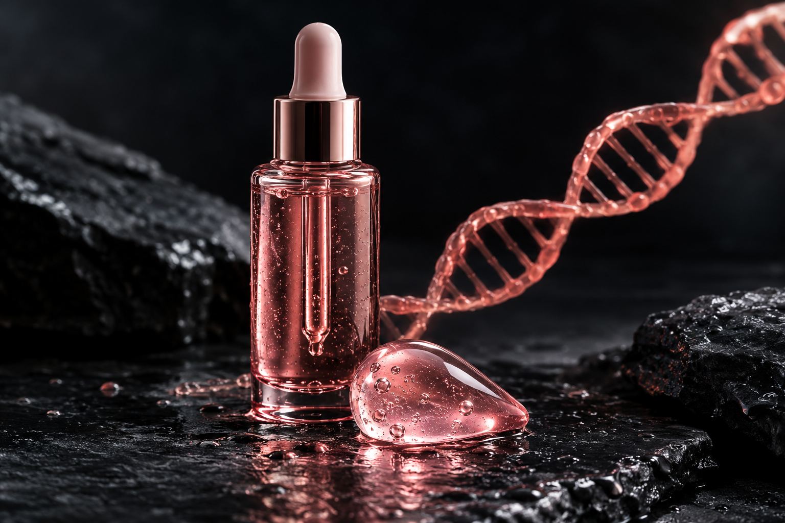 Medicube PDRN Pink Peptide Serum 粉色精华与 DNA 螺旋概念图