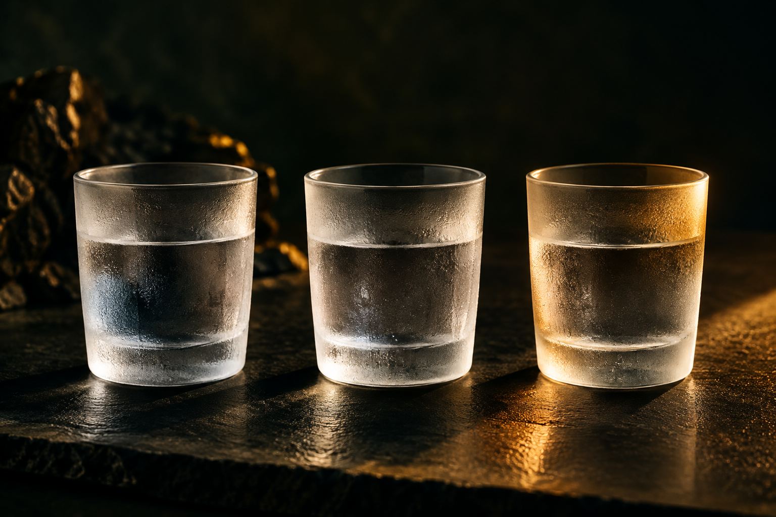 三只盛着透明烈酒的矮玻璃杯并排放在深色石面上